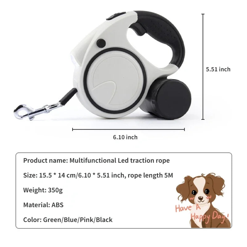 Retractable Dog Leash with LED Poop Bag